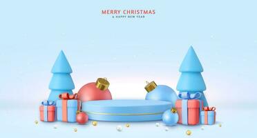 3d Christmas and New Year round podium studio with 3d bauble balls, cone trees, gift box. Creative holiday template. Xmas winter composition. Banner and web poster. 3d rendering. Vector illustration