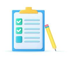 3D render clipboard with checklist and pencil. Document in test form with check marks and stripes abstract questions. Questionnaire with notes. Clipboard and check marks. vector illustration.