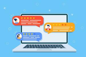 Review rating testimonials online on computer screen or customer testimony feedback experience, bubble messages on laptop pc with reputation chat modern. Vector illustration in flat style