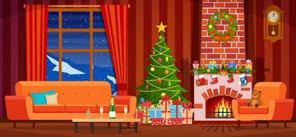 Christmas interior of the living room with a Christmas tree, gifts and a fireplace. Happy New Year Decoration. Merry Christmas Holiday. Vector illustration