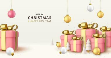 3d Merry Christmas and Happy New Year background. Holiday banner, web poster, greeting card. 3d rendering. Vector illustration