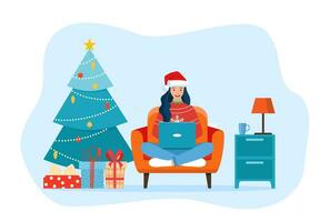 mujer vistiendo Papa Noel claus sombrero sentado en el piso elegir Navidad regalos con ordenador portátil. en línea venta. preparando a Navidad vacaciones. vector ilustración en plano estilo