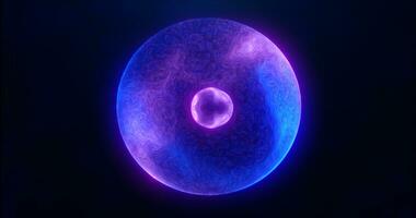 azul púrpura energía esfera con brillante brillante partículas, átomo con electrones y eléctrico magia campo científico futurista de alta tecnología resumen antecedentes foto
