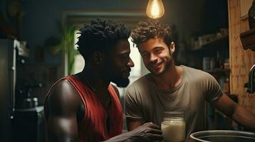 ai generado Pareja en amar, dos gay hombres abrazando contento y sonriente en un romántico ajuste en el cocina ai generado imagen foto