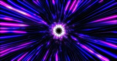 hermosa resumen púrpura túnel hecho de futurista digital rayas y líneas brillante con brillante magia energía en un negro espacio antecedentes. resumen antecedentes foto