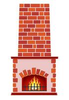 cartoon Winter interior bonfire. Classic fireplace made of red bricks, bright burning flame and smoldering logs inside. Home fireplace for comfort and relaxation. Vector illustration in flat style