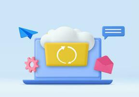 3d Cloud storage icon. Digital file organization service or app with data transfering. 3d rendering. Vector illustration