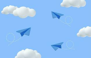 3d paper airplane with clouds Minimal cartoon cute smooth. Modern trendy design. 3d rendering. Vector illustration