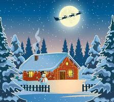 Winter snow landscape and houses with snowflakes falling from sky. Winter leisure, Christmas vacation, snowy hills, tree and fields. Santa Claus with deers in sky. Vector illustration