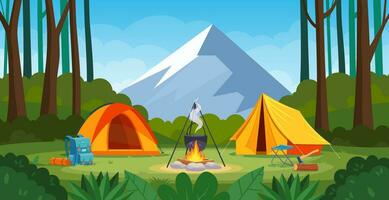 Summer camp in forest with bonfire, tent, ackpack. cartoon landscape with mountain, forest and campsite. Equipment for travel, hiking. Vector illustration in flat style