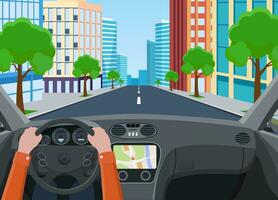 View of the road from the car interior. Road Empty City Street. Hands on Steering Wheel, inside car driver. Vector illustration in flat style