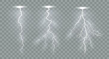 Set of lightnings Magic and bright lighting effects. set of zippers, thunderstorm and lightning, symbol of natural strength or magic, light and shine, abstract, electricity and explosion. vector