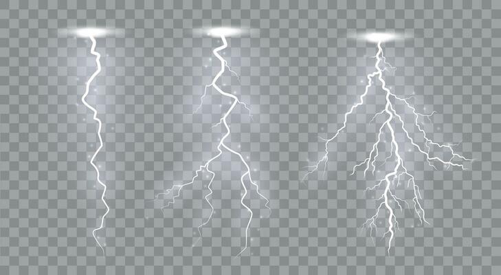 Set of lightnings Magic and bright lighting effects. set of zippers, thunderstorm and lightning, symbol of natural strength or magic, light and shine, abstract, electricity and explosion.