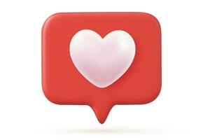 3d social media notification love like heart icon in red rounded square pin isolated on white background with shadow 3D rendering. Vector illustration