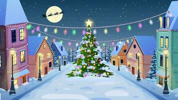 cartoon winter city street with lights in the night in snow fall and christmas tree. Merry Christmas and Happy New Year greeting card. Santa Claus with deers in sky above the city. Vector illustration