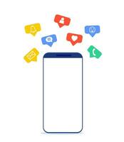 mobile phone and push notification with likes, new comments, messages and followers. Set of social media notification with appreciation concept . Vector illustration in flat style