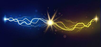 Lightning collision. Powerful colored lightnings, electric forces thunderbolt clash electrical energy sparkling blast, vector versus bright design confrontation concept