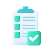 Approved checklist clipboard icon. Checklist on 3d paper. Document in test form with check marks and stripes abstract questions. Questionnaire with notes. check marks. vector illustration.