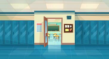 Empty School Corridor Interior With Row Of Lockers,and open door in classroom. Horizontal Banner. cartoon College campus hall or university lobby. Vector illustration in a flat style