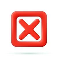 Cancel cross icon isolated over white background. 3D rendering. Red cross check mark icon button and no or wrong symbol on reject cancel sign button. Vector illustration