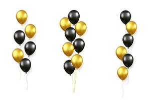 Set of festive bouquets of gold, black balloons isolated on white background. Color glossy flying baloon, ribbon, birthday celebrate, surprise. 3d rendering. Vector illustration