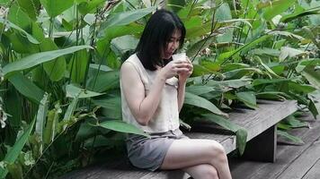 souriant asiatique femme est en buvant une chaud de café et relaxant dans Naturel jardin video