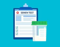 semen test Plastic jar and medical lab analysis form list with results data. Medical semen test records concept. Chemical laboratory analysis. Vector illustration in flat style