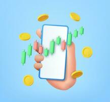 3D stock online trading with smartphone and money coin. nvestment trading in the stock market,Investment graph using funding business on mobile in hand. 3d rendering. Vector illustration