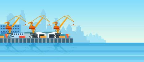 Metropolis cargo seaport with freight cranes on shore, loading, unloading containers, warehouse hangars, terminal control center building. Vector illustration in flat style