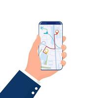 Male hand holding phone with map and pointer. Navigation app with map and location pin. Mobile app Interface concept design. for web sites, banners. Vector illustration in flat style