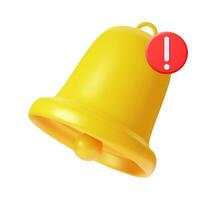 3d render Yellow notification bell icon with new urgent message isolated on white background. Social media notice event reminder. concept of notification message. Vector illustration