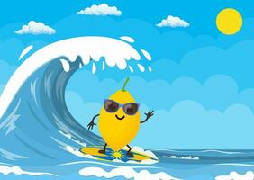 lemon characters surfing on wave. Holidays on the sea. Beach activities. Summer time. Vector illustration in flat style