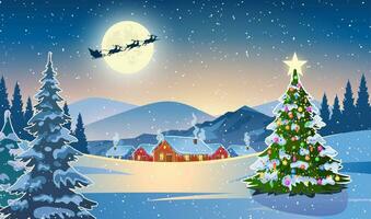 Winter snow landscape and houses with christmas tree. concept for greeting or postal card. background with moon and the silhouette of Santa Claus flying on a sleigh. vector illustration.