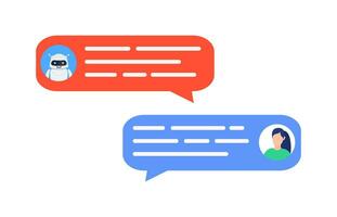 Chatbot robot concept. Dialog help service. User and bot speech messages. WoMan chatting with cute smiling robot. Dialog with bot. Vector illustration in flat style