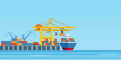 Cargo ship loading in city port. Cranes on dockside, pier unloading shipping containers from freight vessel to shore. Vector illustration in flat style