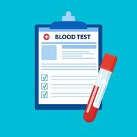 Blood test tube container and medical lab analysis form list with results data. Medical blood test records concept. Chemical laboratory analysis. Vector illustration in flat style