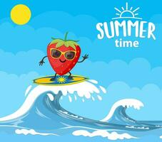 strawberry characters surfing on wave. Holidays on the sea. Beach activities. Summer time. Vector illustration in flat style