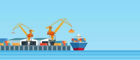 Cargo ship loading in city port. Cranes on dockside, pier unloading shipping containers from freight vessel to shore. Vector illustration in flat style