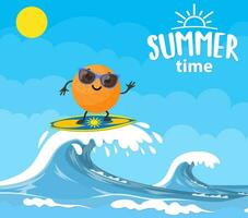 orange characters surfing on wave. Holidays on the sea. Beach activities. Summer time. Vector illustration in flat style