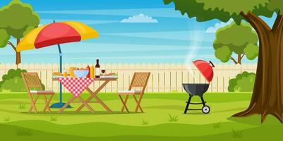 bbq party in the backyard with fence, trees, bushes. picnic with barbecue on summer lawn in park or garden food on table, chairs and umbrella. vector illustration in flat design