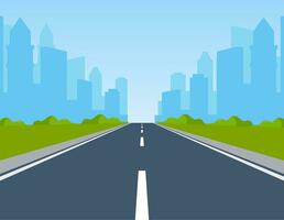 Road way to city buildings on horizon. highway cityscape, modern big skyscrapers town far away ahead, Vector illustration in flat style