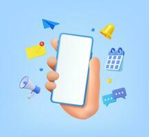 3d Hand holding Phone with business management app. Online news and work. Business marketing concept. Smartphone with megaphone, bell and message. 3d rendering. Vector illustration