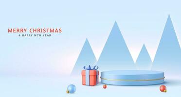 3d Christmas and New Year round podium studio with 3d bauble balls, cone trees, gift box. Creative holiday template. Xmas winter composition. Banner and web poster. 3d rendering. Vector illustration