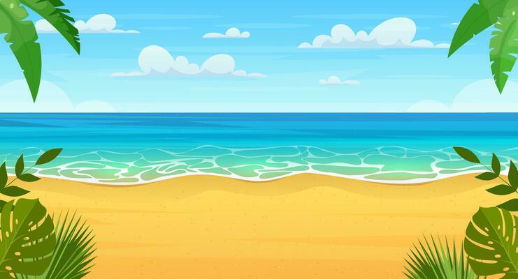 Summertime on the beach. cartoon Palms and plants around. Summer vacation on sea coast. Tropical paradise island sandy beach, palm trees and sea. Vector illustration in flat style