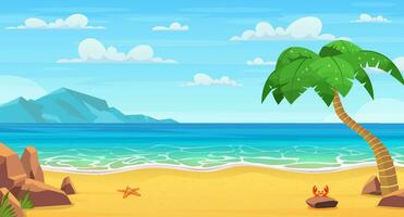 mar paisaje. tropical playa, Oceano costa. paraíso isla panorama con palma árbol y cielo, yate. tropical paisaje. vector ilustración en plano estilo