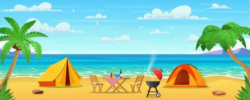 Summertime on the beach. cartoon Tourist tent camping on the tropical beach. Summer vacation on sea coast. Vector illustration in flat style