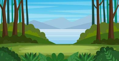Cartoon Mountain landscape with summer forest. countryside beautiful nature with green trees, river lake water, silhouettes of mountains. Vector illustration in flat style
