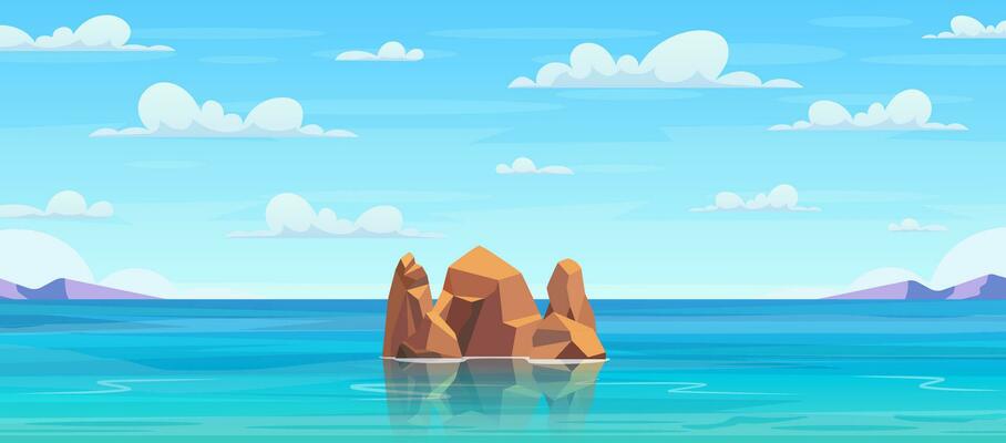 Ocean or sea water with waves and clouds in sky, summer blue seascape with cloudy sky and seaside panorama. Sea landscape with stones in water and clouds in blue sky. Vector illustration in flat style