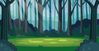 magic summer jungle forest glade with sunbeams. Cartoon forest background, nature landscape with trees, green grass, bushes. Scenery view, summer or spring wood. Vector illustration in flat style