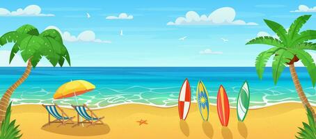 Summertime on the beach with many surfboards. cartoon Palms and plants around. Summer vacation on sea coast. Tropical paradise sandy beach, palm trees and sea. Vector illustration in flat style